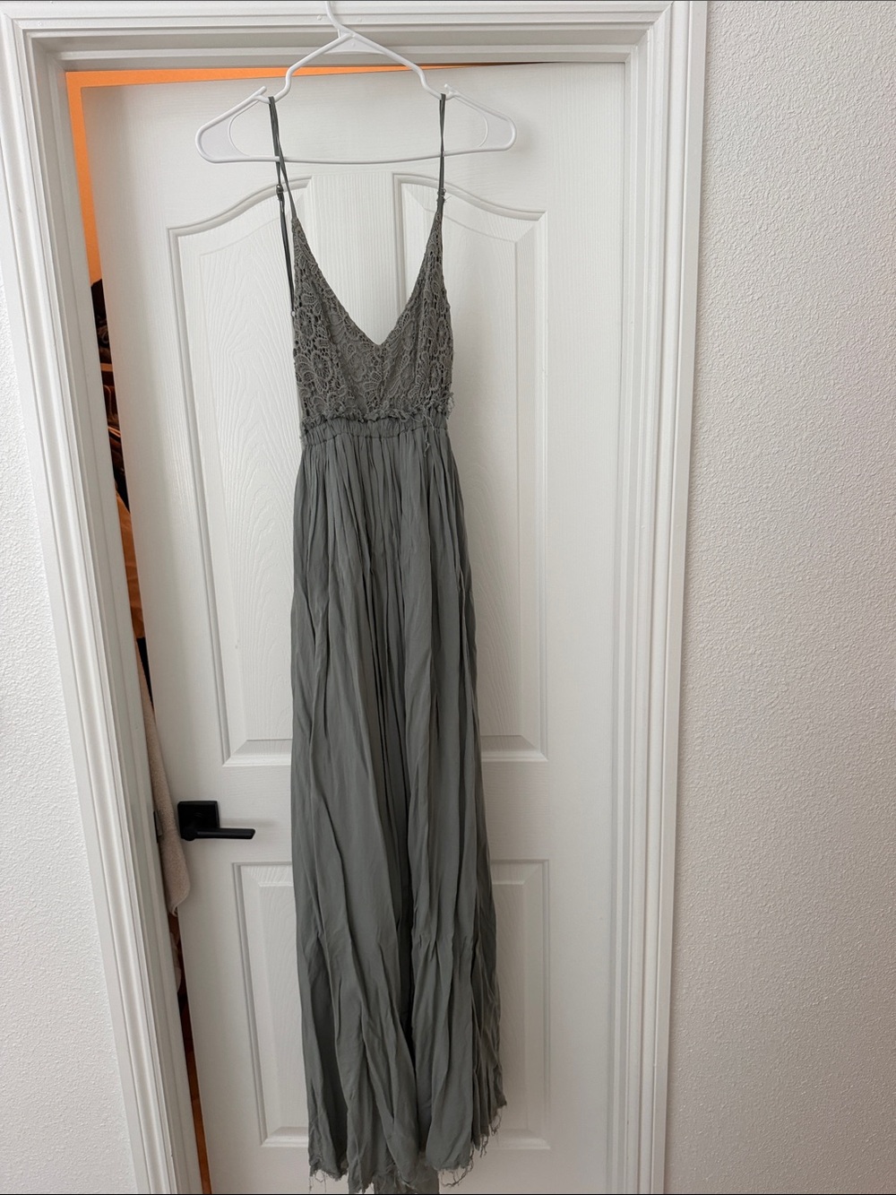 Spaghetti Strap Lace Bodice Maxi Dress in Olive Green